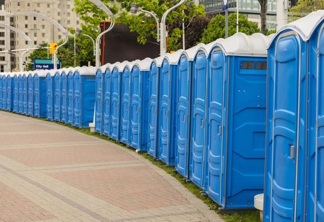 a line of portable restrooms set up for a wedding or special event, ensuring guests have access to comfortable and clean facilities throughout the duration of the celebration in Dayton NJ